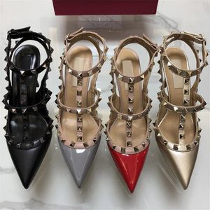 2-Strap 10cm High Heels Sandals Rivets Dress Shoes Valentine Shoes Designer Pointed Toe Patent Leather Women Studded Strappy With Studs