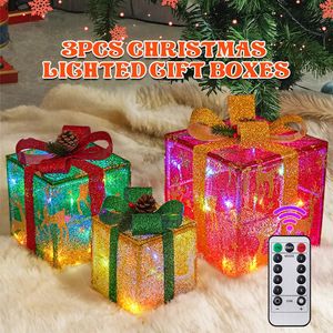 Christmas Decorations Set of 3 Christmas Lighted Gift Boxes With Bowknot Pre-lit 50 LED Light Up Present Boxes Ornament For Christmas Yard Lawn Decor 231012