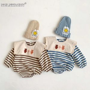 Rompers IN Infant born Girls Boys Full Sleeve Striped Sailor Collar Cartoon Bear Onepiece Kids Baby Jumpsuits Romper 024M 231013