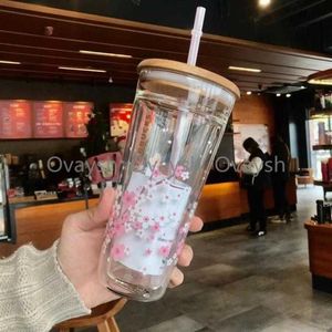 Japanese style Starbucks sakura Wooden Tumblers cover glass Straw cup 591ML Cherry blossom Double layer coffeeY80YY80Y2533