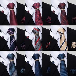 Neck Ties Fashion Designer Neckties Sets with Square Jacquard Weave Burgundy Navy Towel Cufflinks Gold Ring Suit for Man 231013