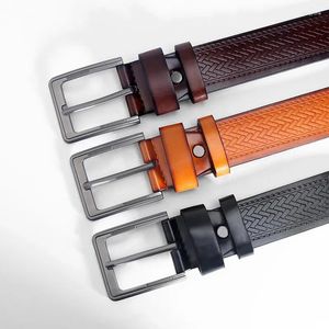 Belts Men Fashion Soft Leather Belt Pin Metal Buckle Business Office Dress Leash Weave Pattern Strapon Youth Gentleman Waistband