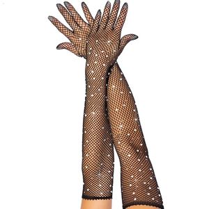 Five Fingers Gloves Sexy Elastic Mesh With Colored Flash Diamonds Bungee Stage Performance Hollow Fishing Net Punk Hiphop Womens R51 231012