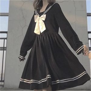 Two Piece Dress Bow Patchwork Loose A-Line Fashion Knee-Length Cute Empire Preppy Style Japanese All-match Black School Uniform 231012