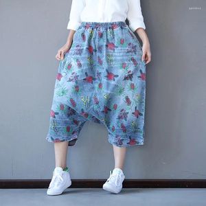 Women's Jeans 2023 Autumn Women Vintage Washed Bleached Floral Print Female Cross-Pants Ladies Calf Length Retro Printing Deinm Trousers