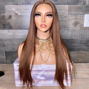 Long Silky Straight Soft 13x4 Lace Front Synthetic Hair Wigs with Natural Hairline Glueless Golden Brown Transparent Lace Wigs