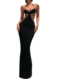 Urban Sexy Dresses Ladies Hollow Bodycon Dress Summer Women Solid Color Low Cut Hanging Neck Sleeveless Backless Tie Up Beach Long kjol