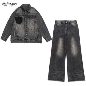 Casual Lose männer Sets Retro Schwarz Langarm Denim Jacke und Gerade Rohr Jeans 2 stücke Set Herbst M-5XL hip Hop Streetwear