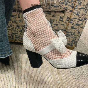 cclys Mixed Color Bowtie Tennis Bootie Boots Luxury Heeled Designer Rhinestone Buckle Boot chunky heel Fashion Womens shoes Ankle 85CM High channellies facto CCWY