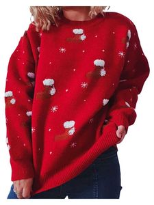 Suéteres femininos outono inverno gola redonda de malha topos manga longa meias de natal impresso solto ajuste casual streetwear pulôver