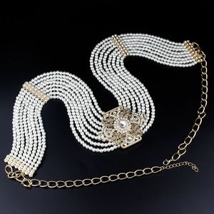 Other Fashion Accessories Sunspicems Women Beaded Waist Belt Chain Pearl Caftan Belt Gold Color Flower Buckle Adjustable Length Wedding Dress Jewelry 231013