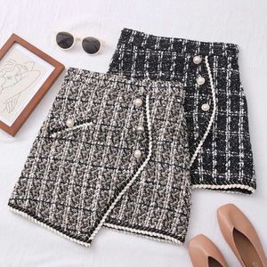 Vestidos casuais básicos saias de tweed para mulheres sólida cintura alta emagrecimento saias outono primavera 2023 botões duplo breasted tweed lã mini saia j231013