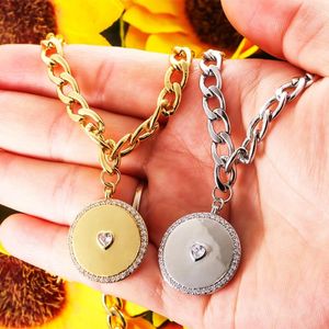 Pendant Necklaces EYIKA Women Men Hip Hop Jewelry Gold Plated Zircon Round Heart Peace Sign Stainless Steel Cuban Chain Thick Necklace