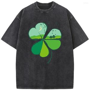 Men's T Shirts Clover Landscape St Patrick's Day Men/Women Washed T-Shirt 230g Cotton Funny Loose Bleached Tshirt Retro Hip Hop Bleach Shirt