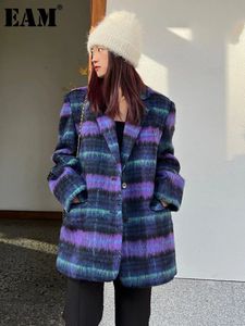 Damenmischungen EAM Loose Purple Plaid Casual Big Size Wollmantel Parkas Revers Langarm Damenmode Herbst Winter 2023 1DF3537 231012