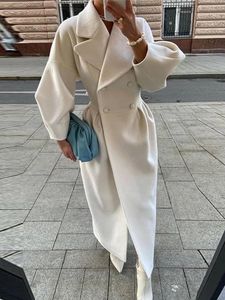Женские полушерстяные женские длинные куртки с лацканами и рукавами-фонариками, однотонное двубортное шерстяное пальто со складками на талии, зимнее толстое теплое женское элегантное пальто 231013