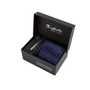 Cravatte Blu Navy all'ingrosso 8 cm Set di cravatte a pois Fazzoletto Gemelli Confezione regalo Tessuto Jacquard Gravata Fit Accessori per abiti Uomo Nero 231013