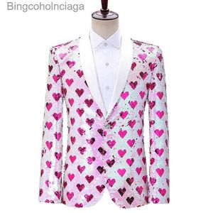 Theme Costume Stylish Heart Print Sequin Tuxedo Blazer Men One Button Shl Lapel Mens Party Suit Jacket Wedding Groom Stage Singer ComeL231013