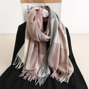 Scarves Luxury Plaid Scarf Winter Warm Cashmere Women Long Pashmina Foulard Female Lady Tassel Shawl Wraps Travel Poncho Blanket 231012