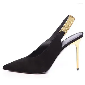 Dress Shoes Black & Gold Slingback Pumps Women'S Elegant Pointed Toe Suede Heels 10CM Evening Big Size 14