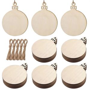 Juldekorationer 50st Wood Craft Pendants Christmas Ball Designa Hanging Taggar Oavslutade tomma trä hängande ornament med 50st hamprep 231013