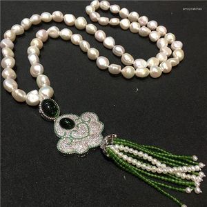 Цепочки ручной работы из натурального белого жемчуга в стиле барокко, длинная цепочка для свитера, ожерелье с кисточками из зеленого камня, модные украшения