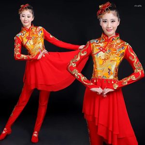 Palco desgaste yangge roupas festivo fã dança vermelho estilo chinês tambor-playing traje desempenho cintura tambor equipe roupas para mulher