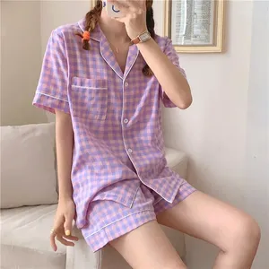Women's Sleepwear Kawaii Purple Grid Girls Pajamas Set Korean Sweet Summer Short Sleeve Leisure Women Loose Nightwear Homewear Suit