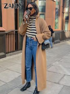 Women's Wool Blends Fashion Woolen Long Trench Coat Women Elegant Notched Solid Thicken Windbreaker Long Jacket Female Full Sleeve Outwear 231013