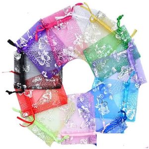 Hediye Sarma Hediye Sargısı 100pcs 10x12cm Kelebek Tasarım Organza Şeffaf Şifon Takı Çantaları TLE Kumaş Düğün Çantası Ev Bahçe Festival DHZJS