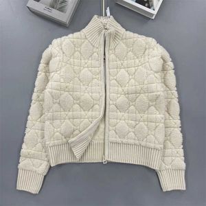 Knitted Zipper Diamond Grid Cashmere Off White Gentle Style Coat Cardigan Women's Top 2023 New Product