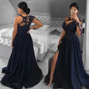 Evening Dresses Dark Navy Prom Party Gown Formal Mermaid Zipper Lace Up Plus Size Custom New Long Sleeve One-Shoulder Chiffon Thigh-High Slits Applique Beaded