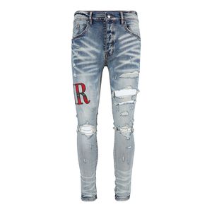 Mäns jeans imitation gammal motorcykel motorcykel jeans rock mager smala rippade bokstäver toppkvalitet märke hip hop denim designers byxor storlek 28-40