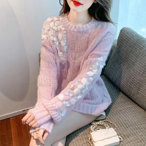 Kvinnors tröjor Autumn Winter Ladies Korean fashionabla snygga o-halsna stickade topp söta fairy solid paljetter Pullover tröja