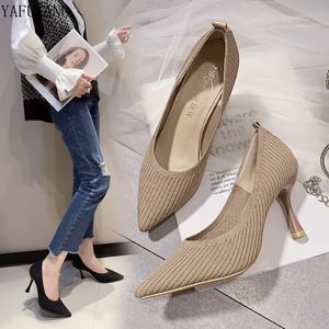 Dress Shoes Fashion Black High Heels 2023 New Shallow Mouth Women's Professional Work Pointed Toe Stiletto Knitted Single 231013