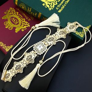 Andra modetillbehör Sunspicems Guldfärg Kvinnor Tassels Bälte Handrep midja kedja Crystal Marocko Bride Dress Belt Arabiska smycken Thin Metal Sash 231013