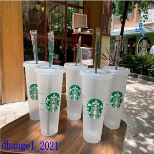 Starbucks Mermaid Goddess 24oz 710ml Plastikbecher Becherdeckel Wiederverwendbare klare Trinkbecher mit flachem Boden und säulenförmigem Strohhalm Bardian-Becher 254B