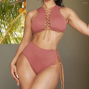 Kadın mayo yüksek boyunlu iki parçalı bikini set dantel-up mayo kadınsı bikinis mayo biquini tankini 2023 plaj kıyafeti