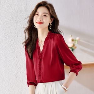 Tasarımcı Kadınlar İçin Kırmızı V yaka ipek bluz Uzun kollu katı fırfır pist üstleri 2023 Sonbahar Kış Ofis Bayanlar Zarif Top 4 Renkli Kadın Giysileri Artı Boyut