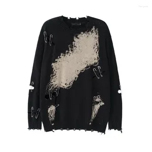 Damenpullover Puloru Punk Dark Black Holes Ripped Tie-Dyed Langarm O Neck Loose Pullover Tops Streetwear Pin Decor Jumper