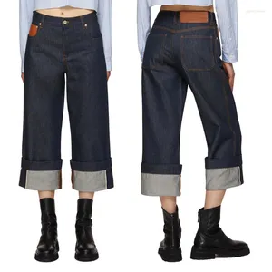 Jeans femininos marca de moda designer mulher algodão reto solto nove minutos calças roladas pernas