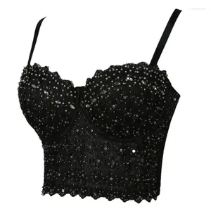 Kvinnors tankar kvinnor sexiga broderier spetsar bustier skörd topp spaghetti rem push up bralette glitter paljetter strass korsett bh väst