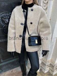 Women's Leather Faux Leather Women Fashion Solid Lambswool Horn Button Coat Loose O Neck Single-breasted Warm Top 2023 Winter Lady Elegant Duffle Jacket J231013