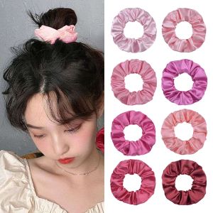 Women Pink Silk Scrunchie Elastic Hair Band Ponytail Holder Headband Hair Accessories Satin Silk Solid Color Hair Ties