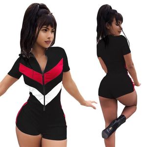 Women's Jumpsuits Sexy Zipper Playsuit Short Sleeve Patchwork Color Shorts Romperer Casual Black Blue White Jumpsuit & Romper314n