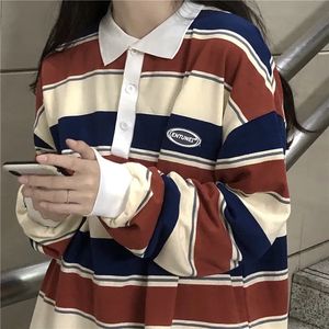 Kurtki damskie retro w paski hit kolorowy bluza polo kołnierzyka pullover żeńska duża bluza harajuku w stylu damski Vintage Preppy Top 231012