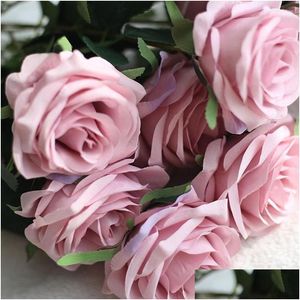 Flores decorativas buquê de rosas artificiais 10 cabeça de seda falsa branco rosa casamento arranjo de flores decoração casa dhdza