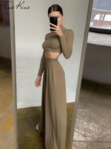 Women's Two Piece Pants Casual Crop Tops Women Set Long Sleeve Blouse High Waist Wide Leg Female Suit 2023 Spring Streetwear Lady Sets