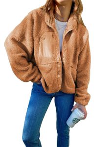 Jaqueta feminina de lã felpuda manga comprida casacos curtos com botões em sherpa com bolsos 8D6ZX