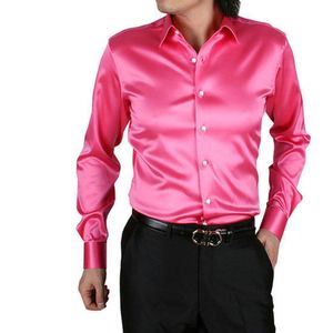 Camisas masculinas moda cetim seda masculina camisas de manga longa cor sólida 20 camisa masculina plus size topos